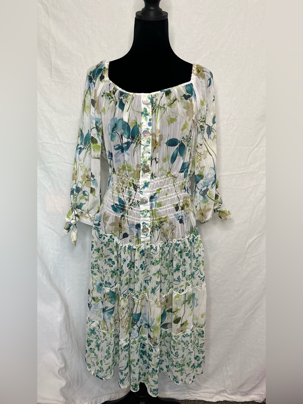 Fig & Flower Floral Chiffon Smocked Waist Midi Dress Medium  Ivory Boho